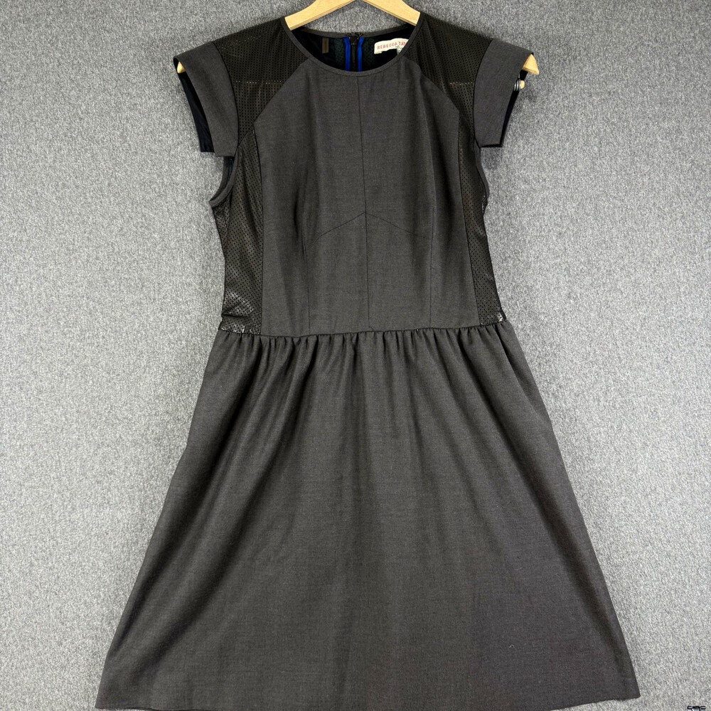 Rebecca Taylor Womens 4 Gray Black Cap Sleeve Fit Flare Dress Perforated Trim
